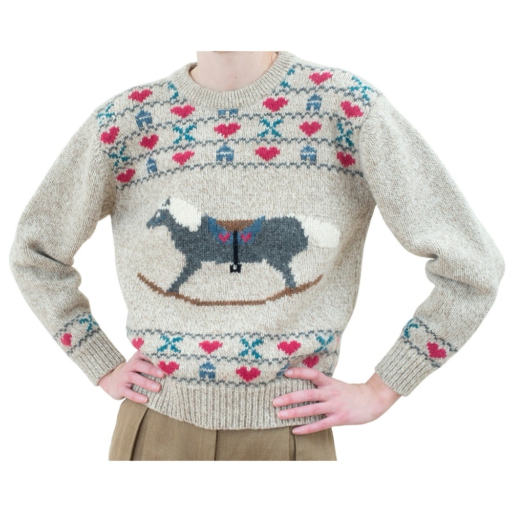VTG Eddie Bauer wool 90s Cottage Core Granny sweater Sz L Rocking Horse‎ Grandpa